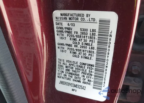 2003 Nissan Pathfinder Se from USA, damaged, VIN JN8DR09Y03W832542